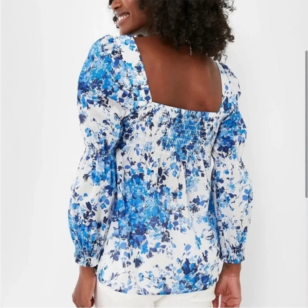 Tuckernuck Blue and White Floral Smocked Square-Neck Blouse